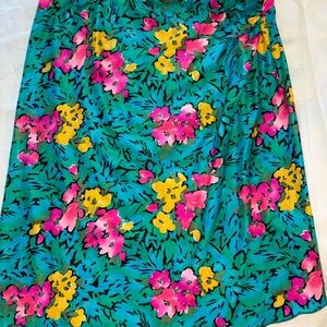 Teal Floral Midi Skirt with Pink & Yellow Blooms